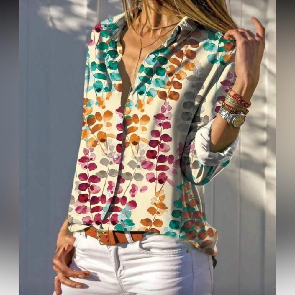 Boho Classic Printed Button-Up Long Sleeve Blouse Top Shirt Office - Picture 5 of 10